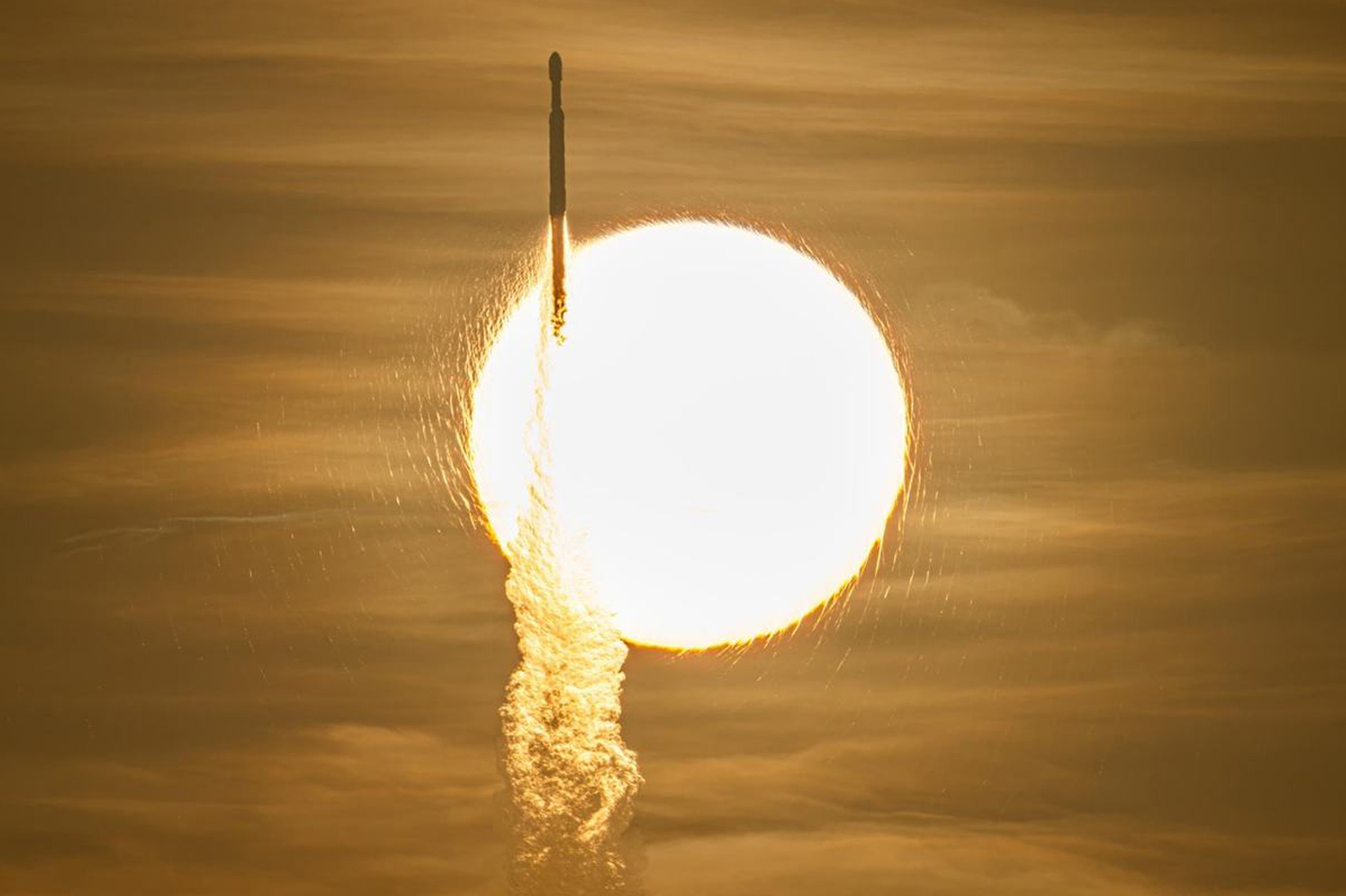 Photo Credit: NASA/John Kraus. A SpaceX Falcon Heavy rocket with NASA's Nancy Grace Roman Telescope on board is seen transiting the sun during launch from Launch Complex 39A, Sunday, Aug. 30, 2026, at NASA's Kennedy Space Center in Florida.